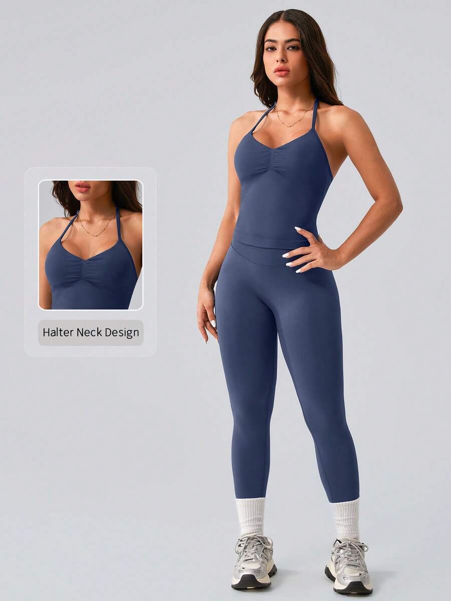 Womens Halter Neck Yoga Set Ri - Tank Top Ribbed ulasan dan harga