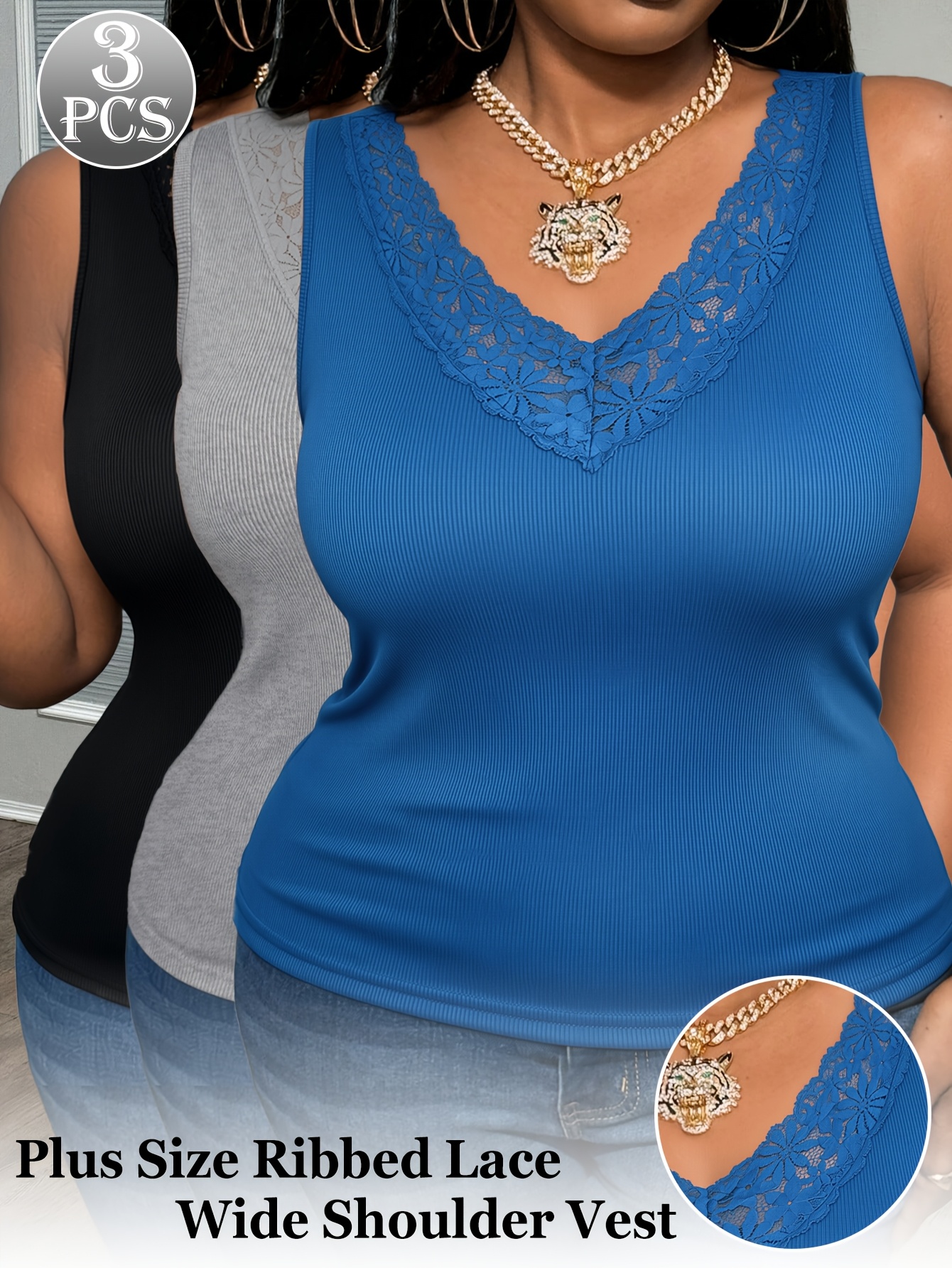 3-Pack Plus Size Lace V-Neck V - Sleeveless Undershirt ulasan dan harga