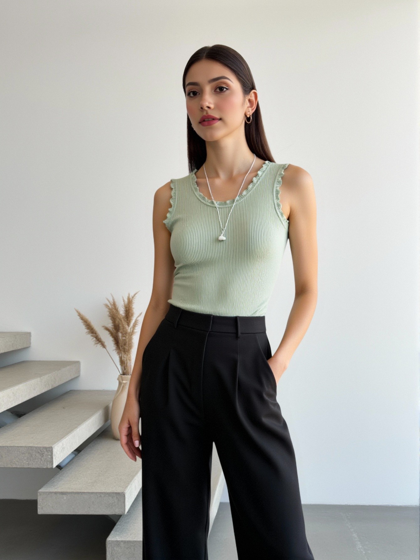 Women's Sleeveless Lace Trim R - Tank Top Ribbed ulasan dan harga